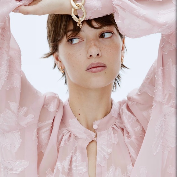 H&M JACQUARD-WEAVE BLOUSE Soft Pink Floral Size L - Picture 5 of 16